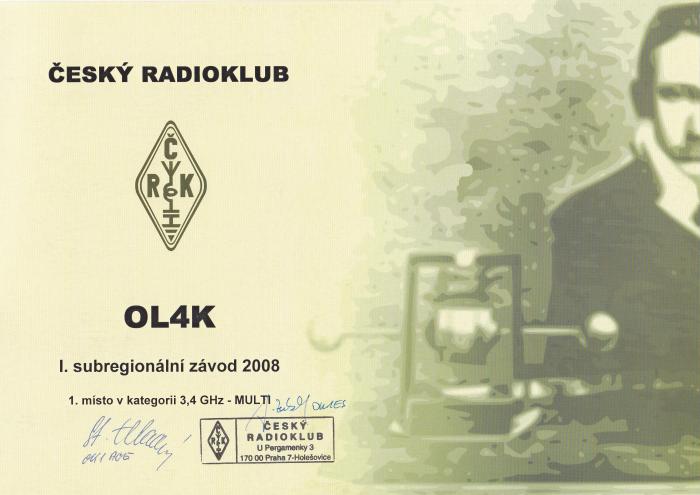 Diplom pro OL4K za 1. místo UHF/MW Contest 2008 3.4GHz MO.