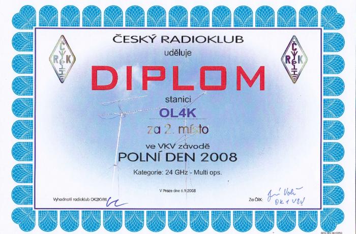 Diplom pro OL4K za 2. místo Polní den 2008 24GHz MO.