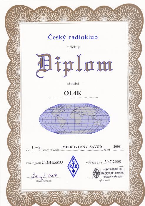 Diplom pro OL4K za 1.-2. místo UHF/MW Contest 2008 24GHz MO.