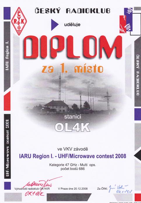 Diplom pro OL4K za 1. místo UHF/MW Contest 2008 47GHz MO.
