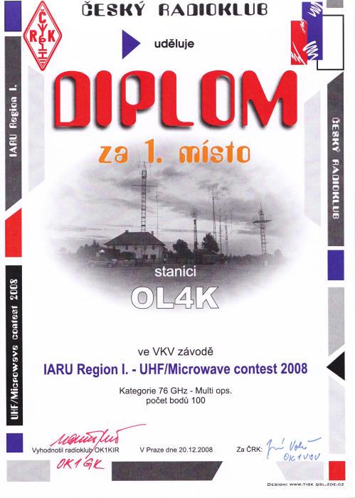 Diplom pro OL4K za 1. místo UHF/MW Contest 2008 476GHz MO.