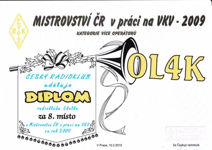 Diplom pro OL4K za 8. misto MČR VKV 2009 MO