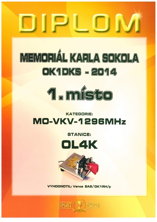 Memoriál Karla Sokola OK1DKS - 1. místo v pásmu 1296 MHz