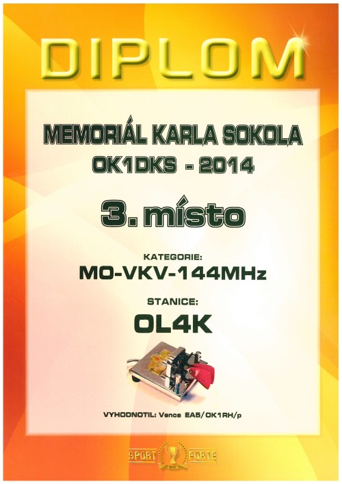 Memoriál Karla Sokola OK1DKS - 3. místo v pásmu 144 MHz