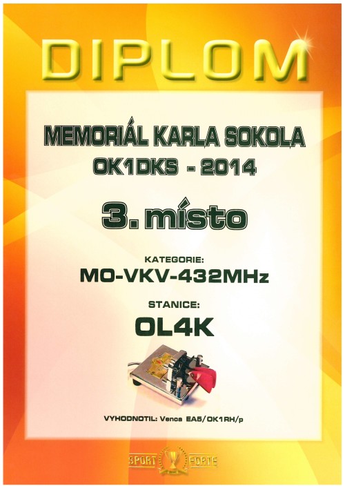 Memoriál Karla Sokola OK1DKS - 3. místo v pásmu 432 MHz